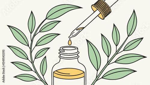 Essential Oil Droplet Falling into a Glass Bottle with Leaves.