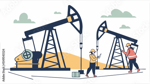 Illustration of Oil Pump Jacks with Workers in Safety Gear.