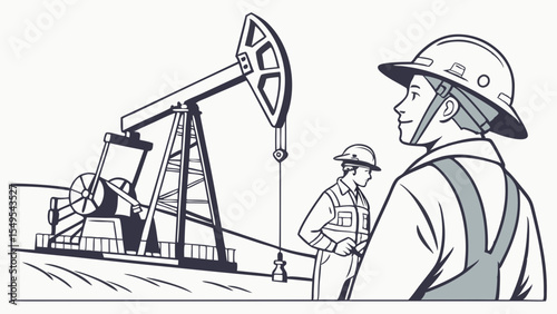 Oil Workers Observing an Oil Pump Jack in Action.