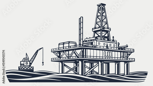 Offshore Oil Rig and Support Vessel Illustration on Water.