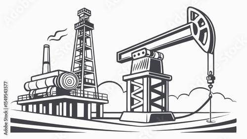 Oil Derrick and Pump Jack Illustration.