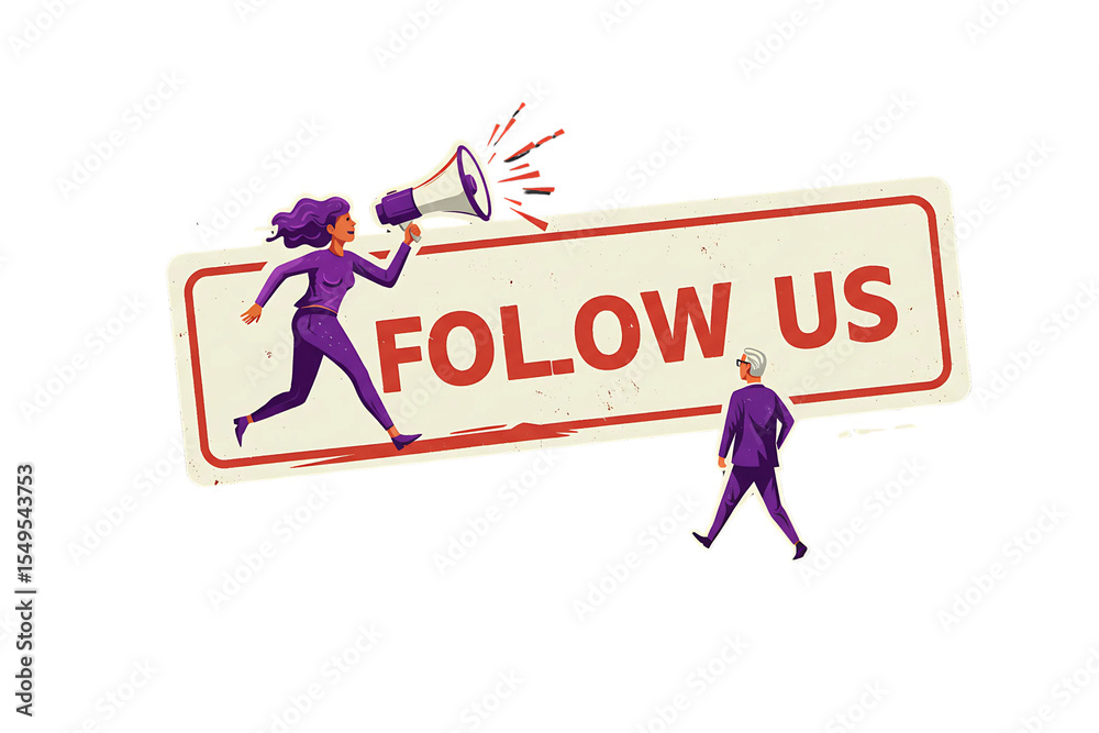 Naklejka premium Cartoon characters carrying a “FOLLOW US” banner while one uses a megaphone, dynamic flat illustration on transparent background for engaging social-media or marketing campaigns 