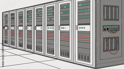 Illustration of a row of computer server racks in a data center.