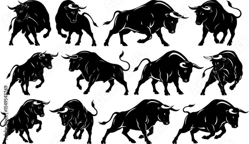 Extensive collection of dynamic bull with horns silhouettes in various powerful and aggressive poses for strength and finance design elements set