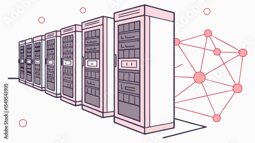 Illustration of Server Racks and Networked Data Structure.