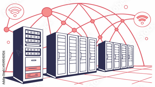 Server Racks with Network Connection Illustration.