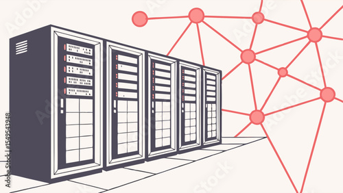 Row of Server Racks Connected by Network.