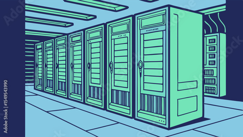 Row of Vintage Green Servers in a Data Center Corridor.