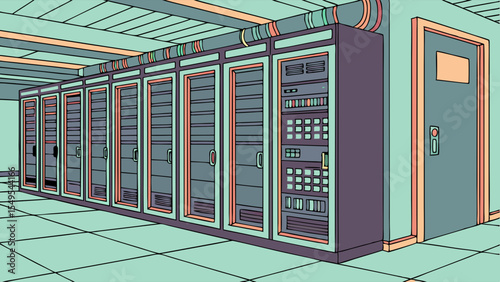 Illustration of a Data Center Server Room with Racks.