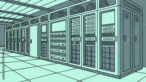 Stylized Illustration of a Modern Data Center Server Room.