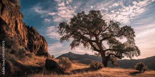 Giant oak with old enormous branches growing on the cliff on a backdrop of beautiful sunset landscape.