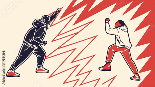 Two stylized figures in hoodies facing each other in confrontational poses.