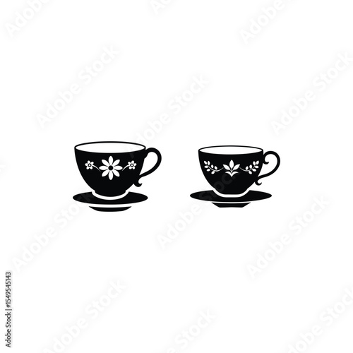 Vector art of two teacups with floral patterns isolated on white background in silhouette
