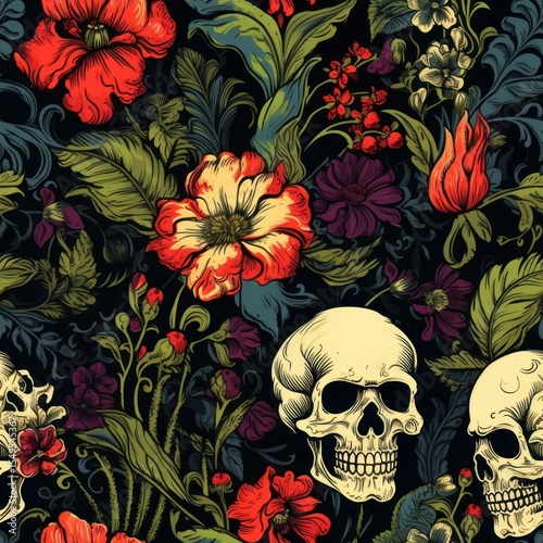 Vintage Floral Patterns Featuring Skulls in an Intricate Design with Rich Color Palette