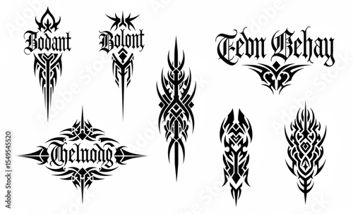 Collection of abstract tribal tattoo designs with text Bodant Bolont Tedn Dehay Chelnodg