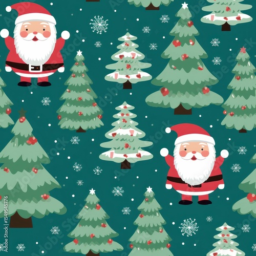 Cute Christmas Santa and Tree Pattern Featuring Festive Elements for Digital Backgrounds and Holiday Designs