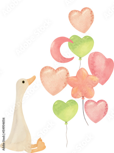 Baby Toy Goose Sitting with Helium Balloons – Flat Vector