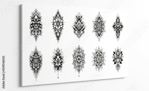 Ornamental tattoo design set on canvas against white background