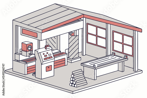 A 3D isometric render of a modern factory building with detailed architecture and interior design
