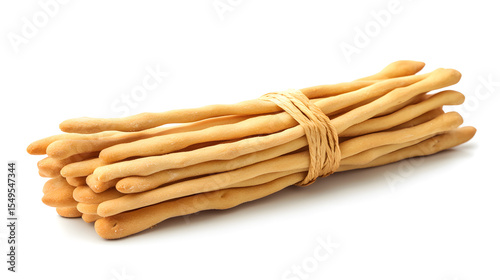 Crunchy Italian grissini breadsticks tied with twine on white background. Perfect for snacking or appetizers