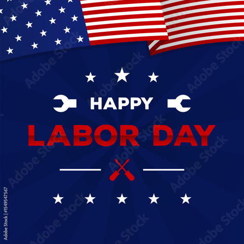 Happy American Labor Day greeting template with USA flag on dark background with star shape and red stripes