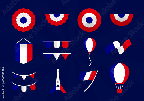 France flag element collection set with red, blue, and white color on dark blue background
