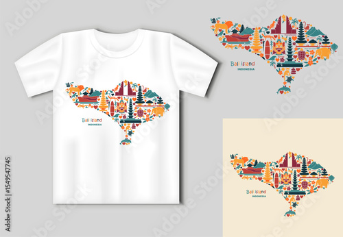 Colorful vector map of Bali island filled with traditional symbols, animals, temples, surfboards, and tropical plants. Includes T shirt mockup and flat version. Ideal for travel, souvenirs, apparel de