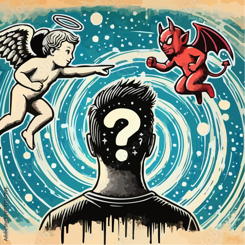
little devil and little angel competing to convince a person 50