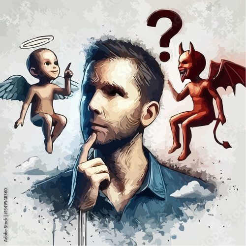 
little devil and little angel competing to convince a person 3