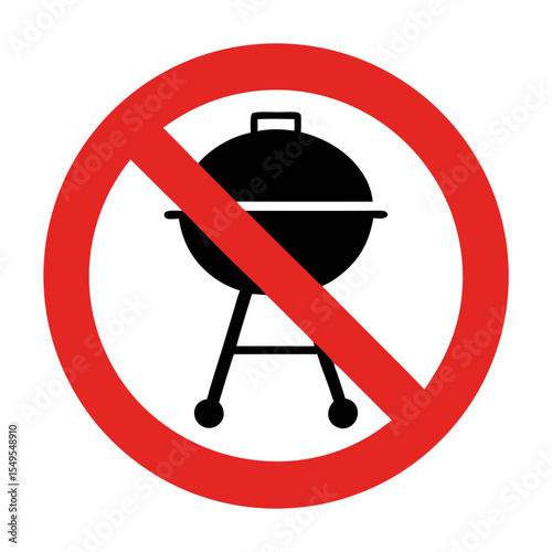 No barbecue grill allowed sign.  Prohibition symbol with round red circle and crossed-out image of barbecue grill on white background.  Simple no barbecue icon for public area regulations.