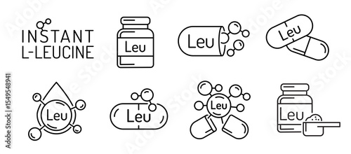 Vector icon set of leucine supplement. Editable stroke illustration.