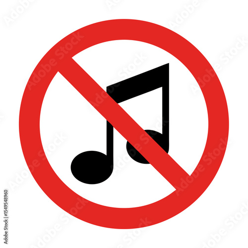 No music sign. Red circle with crossed-out musical note icon. Simple prohibition symbol for public places, events or websites.  This no music symbol is perfect for creating clear and concise icons.