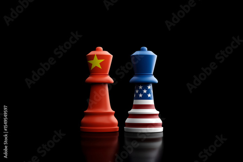 Trade War, Chinese Flag and American Flag on Minimal 3D Chess Kings