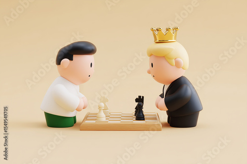 Cartoon Kings Playing Chess with Crowns and Suits