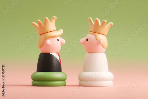 Cartoon Chess Kings with Crowns Facing Each Other on Pastel