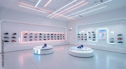 Sleek futuristic shoe store glows brightly under neon lighting. AI Generated