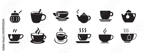Cup of tea icon set, Hot cup beverage vector icon set. Tea or coffee cups icons, vector illustration eps 10.
