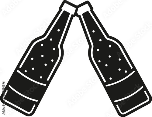 Two beer bottles toasting in black and white vector illustration