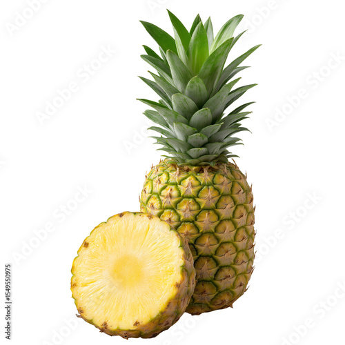Studio shot of a fresh, ripe pineapple. One whole pineapple,
showcasing the textured golden skin and the vibrant yellow, succulent interior. 