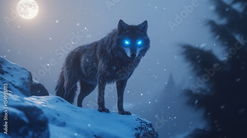 A mystical wolf, fantasy art style, glowing blue eyes, moonlight lighting, standing on a snowy mountain