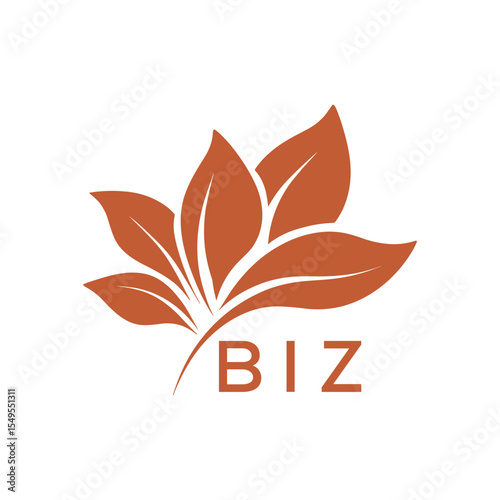 BIZ Minimalist Leaf Logo Design with Text BIZ, Botanical Nature Logo with Leaves in Brown, BIZ Later Logo, Abstract Floral Logo for Natural Products.
