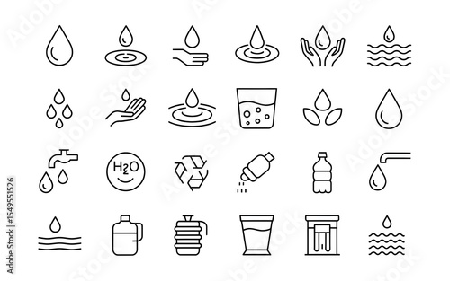 Collection of water themed outline icons including drops, hands, bottles, and recycle symbols