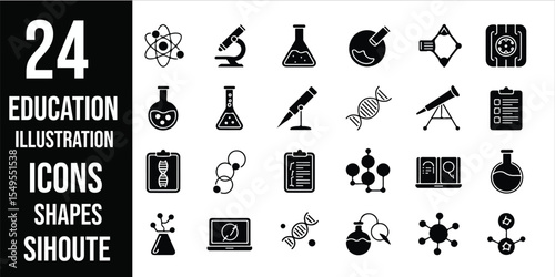 Collection of education and science icons including microscope and dna on a white background