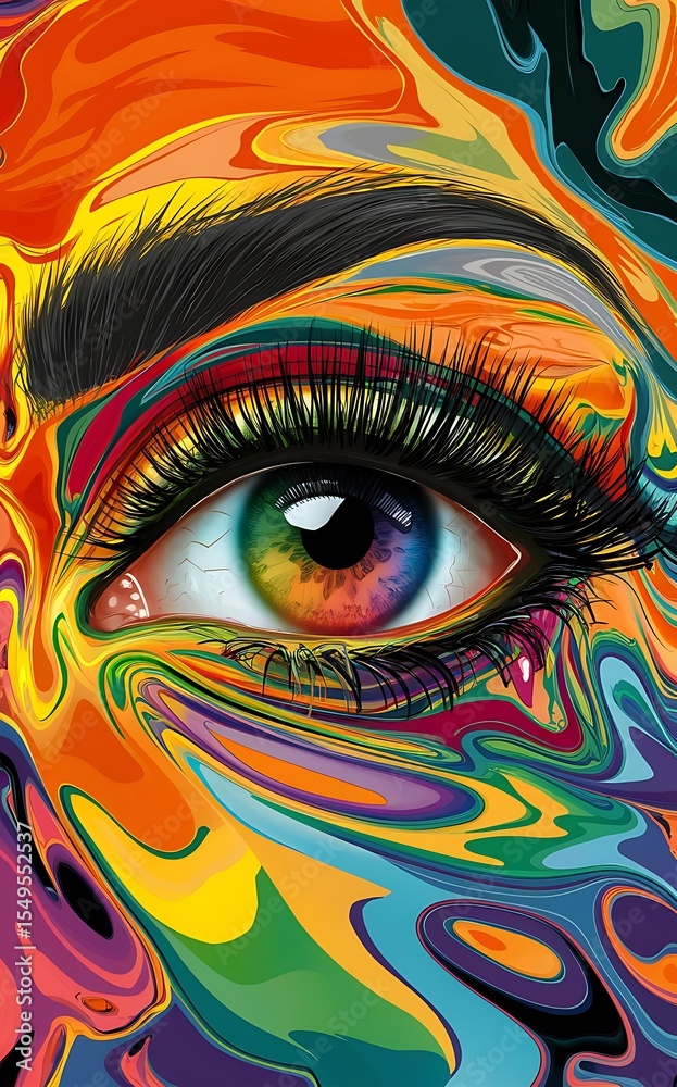 Fototapeta Vibrant psychedelic eye portrait with colorful swirls, creating a surreal and captivating artwork