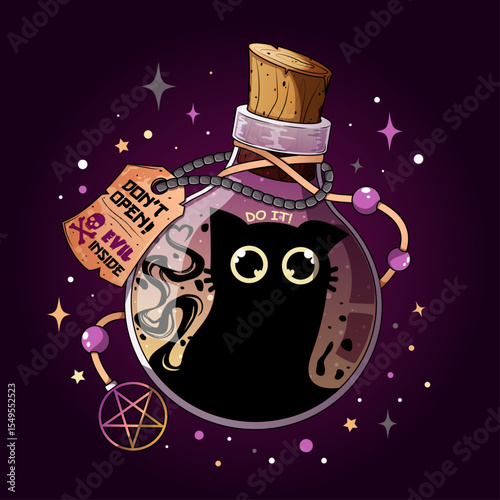 Trickster Evil Cat Monster Trapped in Purple Magic Bottle – Glowing Cute Halloween Witchcraft Illustration