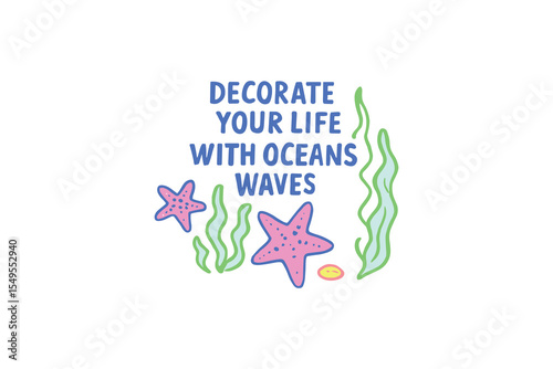 Starfish seaweed decorate your life with oceans waves flat vector pastel clipart