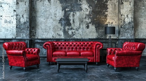 Red leather armchairs and sofa in a rustic living room.