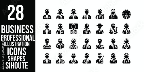 Collection of black and white professional avatar icons depicting various occupations and professions