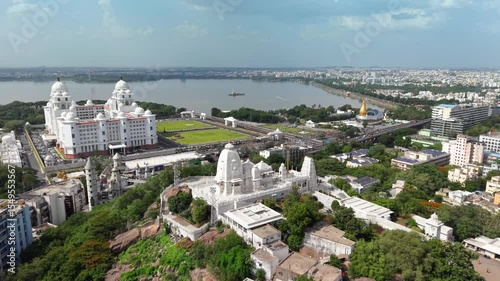 Hyderabad, India: Aerial view of Birla Mandir, iconic Hindu temple in capital and largest city of Indian state of Telangana - landscape panorama of South Asia from above
