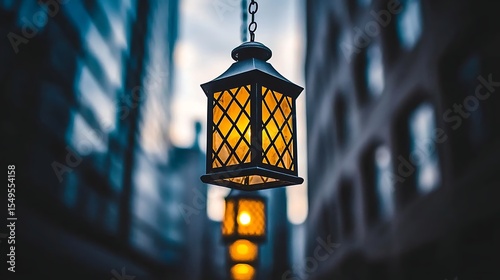 Traditional lanterns glowing softly beneath a deepening twilight sky suspended between closely spaced buildings
